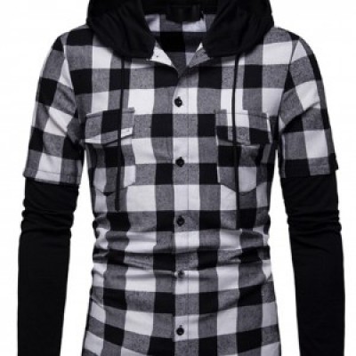 SKLS010 custom-made hooded long-sleeve plaid shirt Men's fake two-piece shirt supplier front view